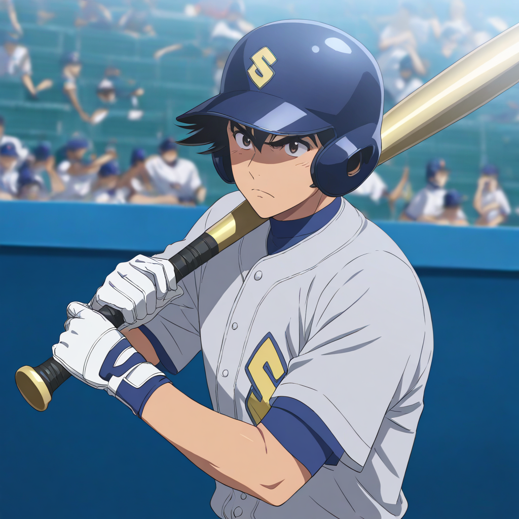 masterpiece,high score,great score,absurdres,goro shigeno,1boy,helmet,baseball bat,male focus,gloves,solo,holding,blue headwear,shirt,holding baseball bat,closed mouth,upper body,white gloves,baseball uniform,sportswear,short sleeves,frown,baseball,serious,blurry,blurry background,grey shirt,indoors,white shirt,stadium,v-shaped eyebrows,seishuu baseball club baseball jersey,baseball helmet,<lora:Goro_Shigeno_V1-1:0.8>,official art,