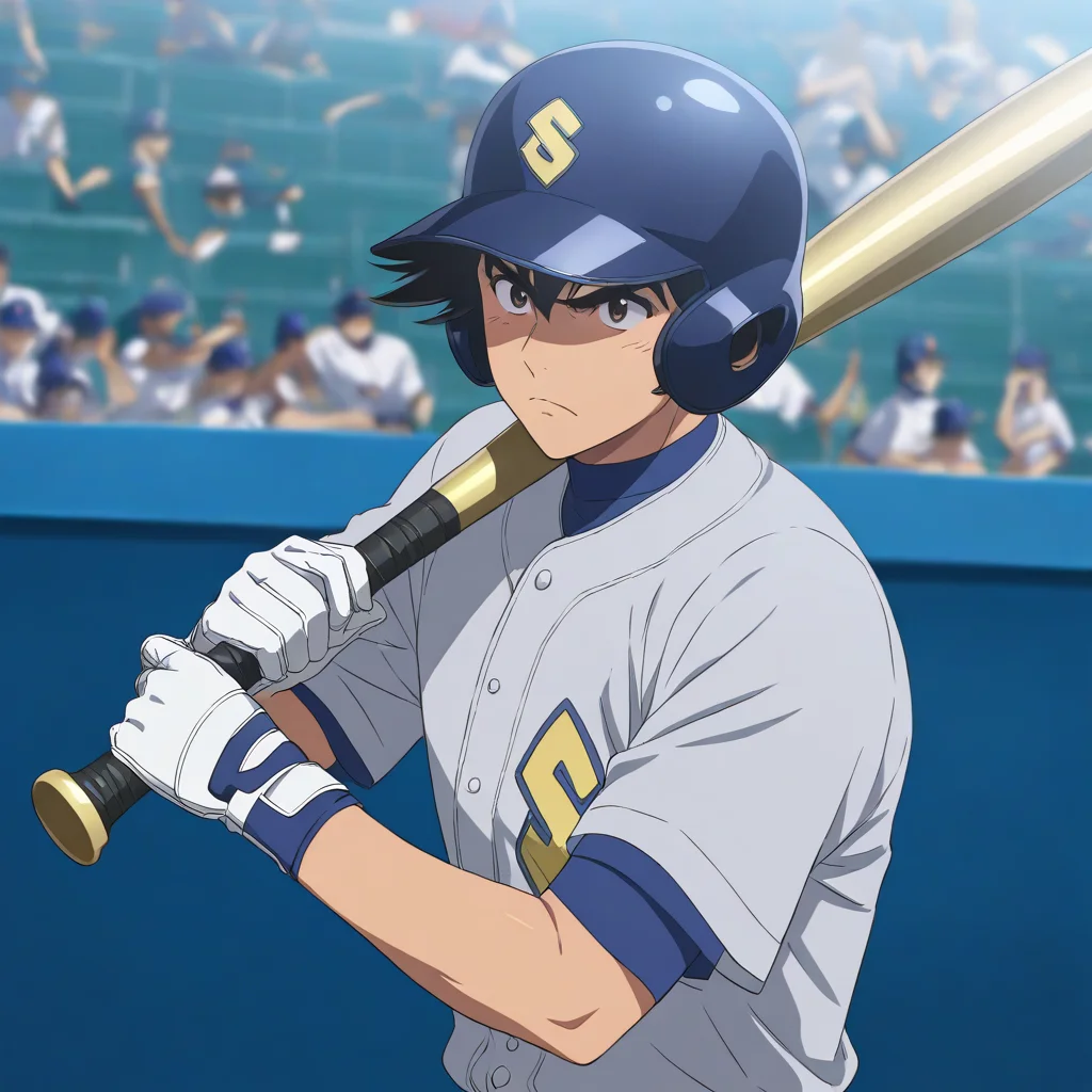 masterpiece,high score,great score,absurdres,goro shigeno,1boy,helmet,baseball bat,male focus,gloves,solo,holding,blue headwear,shirt,holding baseball bat,closed mouth,upper body,white gloves,baseball uniform,sportswear,short sleeves,frown,baseball,serious,blurry,blurry background,grey shirt,indoors,white shirt,stadium,v-shaped eyebrows,seishuu baseball club baseball jersey,baseball helmet,<lora:Goro_Shigeno_V1-1:0.8>,official art,