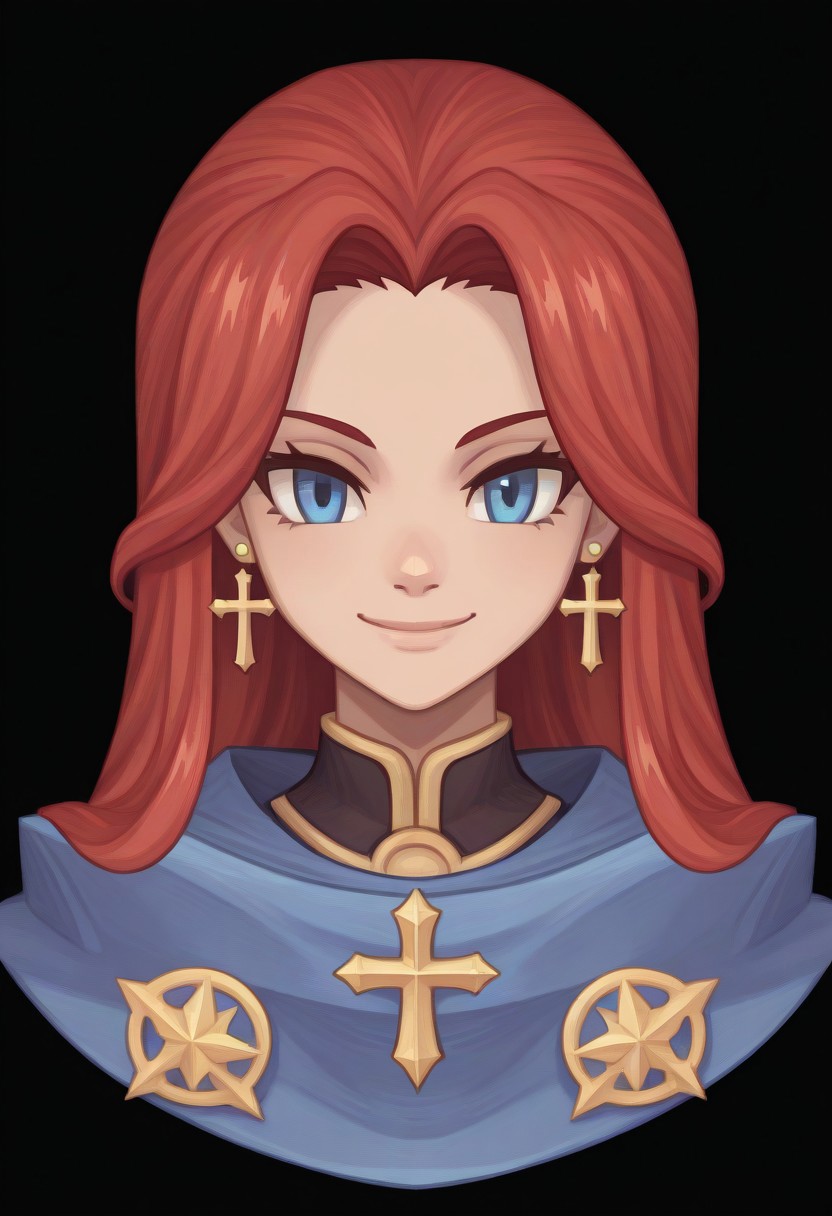 (Black background) <lora:afkArenaIllustrious:1>
afkArenaStyle, 1girl, female, solo, portrait, female focus, red hair, blue eyes, long hair, light skin, smile, looking at viewer, beautiful, blue cloak with gold trimming, cross earrings
Ragnarok online character
ROSPRITE