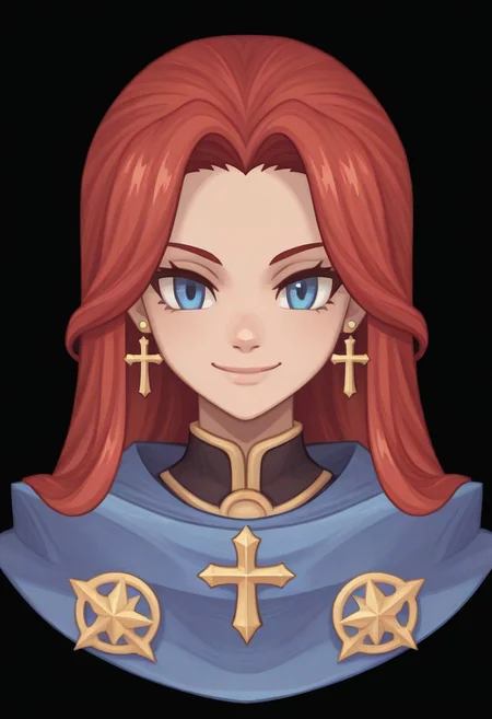 (Black background) <lora:afkArenaIllustrious:1>
afkArenaStyle, 1girl, female, solo, portrait, female focus, red hair, blue eyes, long hair, light skin, smile, looking at viewer, beautiful, blue cloak with gold trimming, cross earrings
Ragnarok online character
ROSPRITE