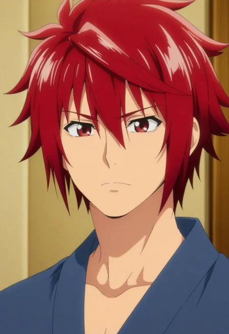 Anime, anime screencap, anime coloring, ((1male only, 1boy only, male focus, one male character only, single male character only, single illustration only)), handsome, attractive, sexy, cute, tall body, tall height, slim, Akemitsu Akagami, red hair, red eyes, blue Japanese clothes, head only, face focus, head focus shot, front view