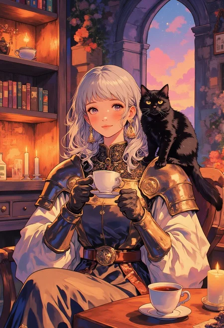 A cozy anime-style scene featuring a woman with silver hair wearing a medieval-inspired outfit and armor, sitting in a warm, candle-lit room. She holds a cup of tea and smiles peacefully, with a black cat perched on her shoulder. The room is decorated with bookshelves, glowing candles, and a window showing a dreamy twilight. The lighting is soft and warm, highlighting the details of her outfit and the fur of the cat. The overall atmosphere is calm and magical, reminiscent of a classic 90s anime aesthetic with modern rendering techniques