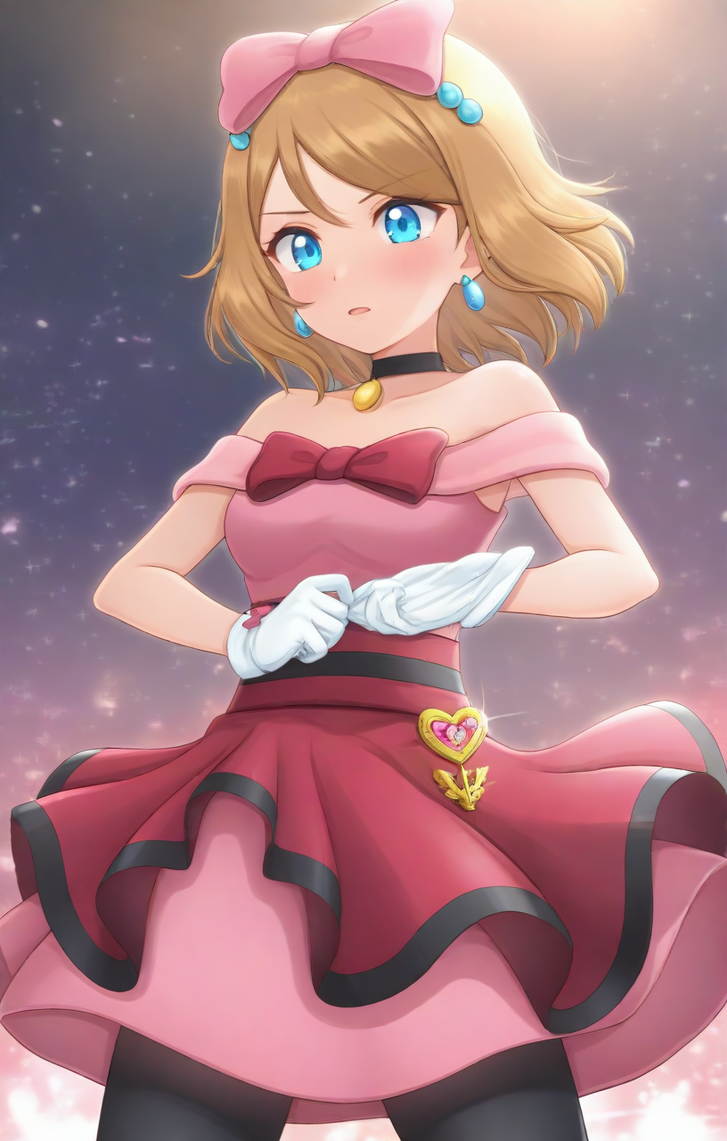 [[[hinosaki]]], 1girl, solo, cowboy shot, upper body, contserena, [[serena_\(pokemon\)]], blue eyes, light brown hair, medium hair, pink dress, red skirt, sleeveless, bare shoulders, collarbone, black choker, earrings, hair bow, pink bow, red bow, white gloves, black pantyhose, remglove, removing glove, masterpiece, best quality, amazing quality, very aesthetic, high resolution, ultra-detailed, absurdres, newest