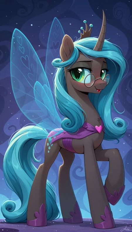 resolution,masterpiece,high resolution,my little pony,friendship is magic,wild,abstract background,Female,glasses Changelings Reversalis,a werewolf pony,black body,green eyes with slit pupils,She has a long turquoise mane with curly ends. She has a sharp black horn,holey sail-like wings with a pattern of hearts on the edges,TRANSPARENT BUTTERFLY WINGS,<lora:Reversalis44:1>,