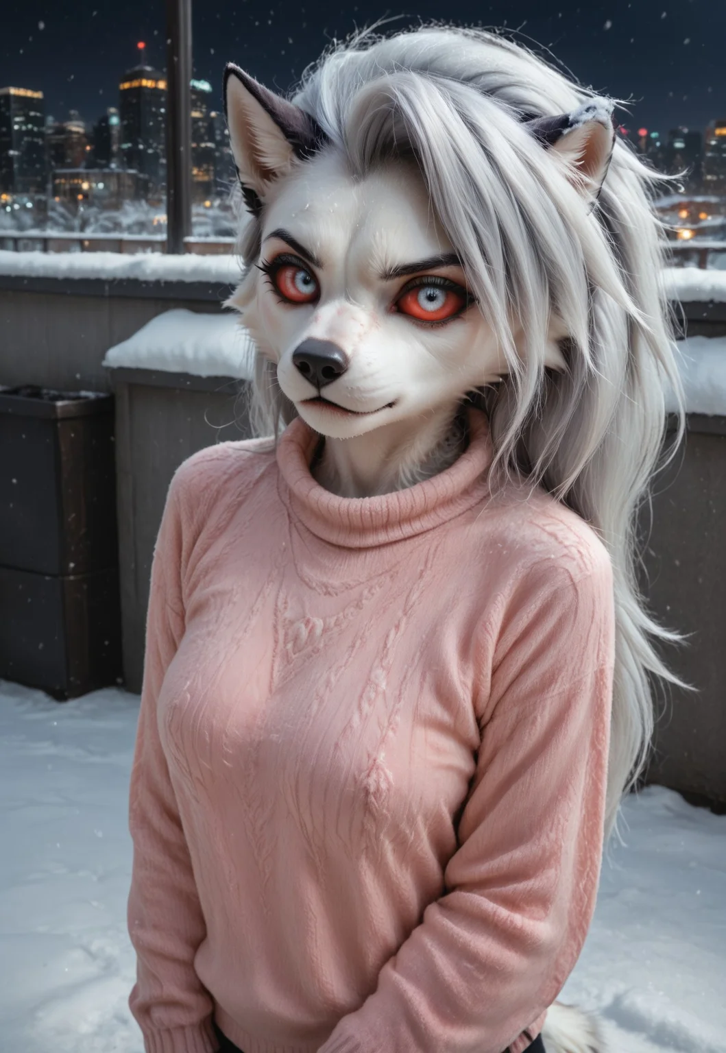 Masterpiece, best quality, amazing quality, female,   lidded eyes, photorealistic, realistic proportions,  beautiful photo, realistic lighting, masterpiece, high quality, score_9, score_8_up, score_7_up, score_6_up, score_5_up, 
loona_helluva_boss, furry, furry female, anthro, red sclera, white eyes, detailed eyes, fur, furry, covered in fur, no outline, medium breasts, 

unhappy, pouting, cold, ice on head, frost in hair, chilly, face close up, head shot, 

pink sweater, warm clothing, sweat pants, winter, city, night, 