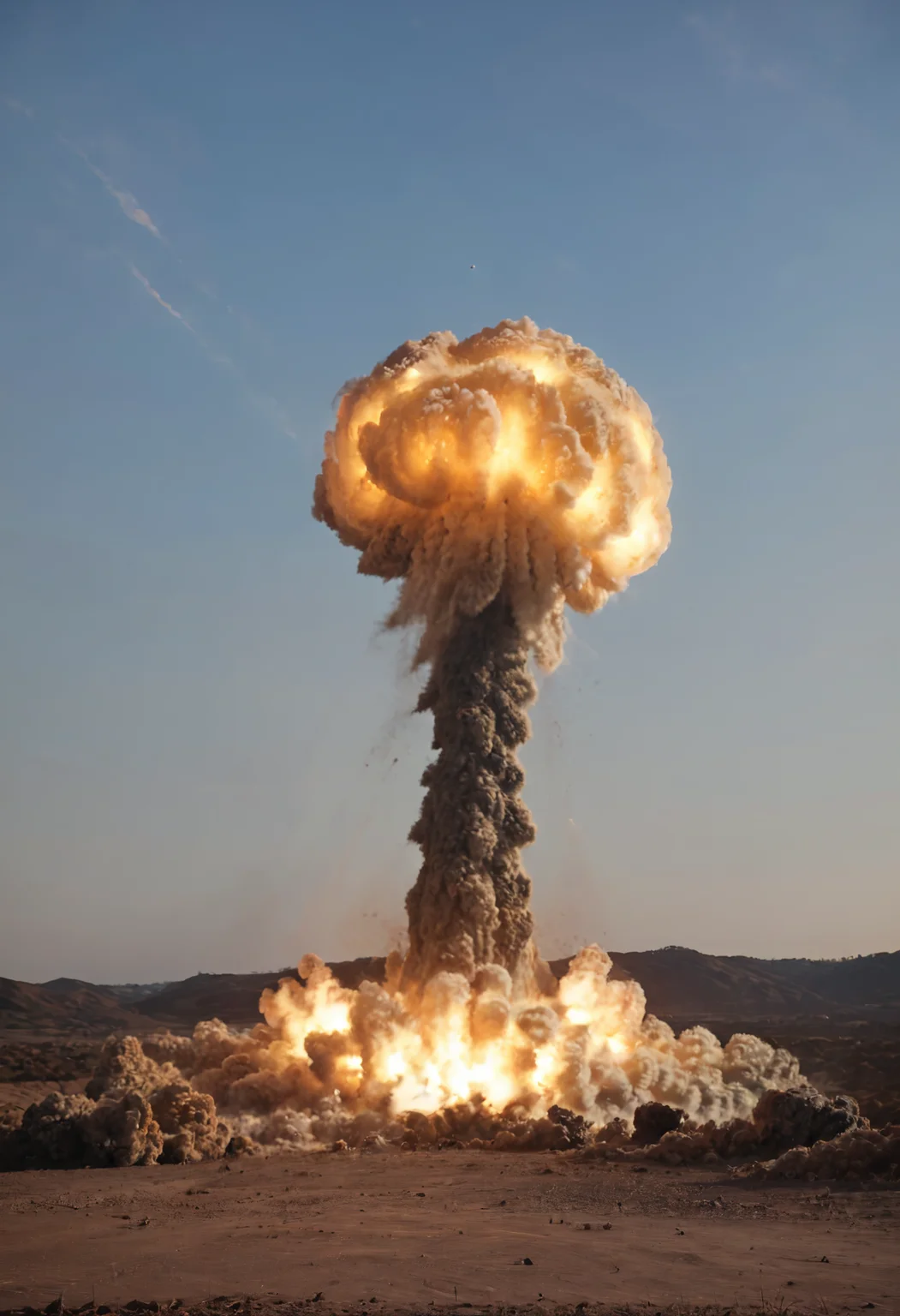 score_9_up, score_8_up, masterpiece, realistic, 8k, shallow depth of field, cinematic,((nuclear explosion in the background:1.6)), explosion, ((nuxxx, n6cl3ar 3xpl0s10n, nuclear explosion cloud)). <lora:nuclear_explosion_XL_LoRA_0.2-000002:1>