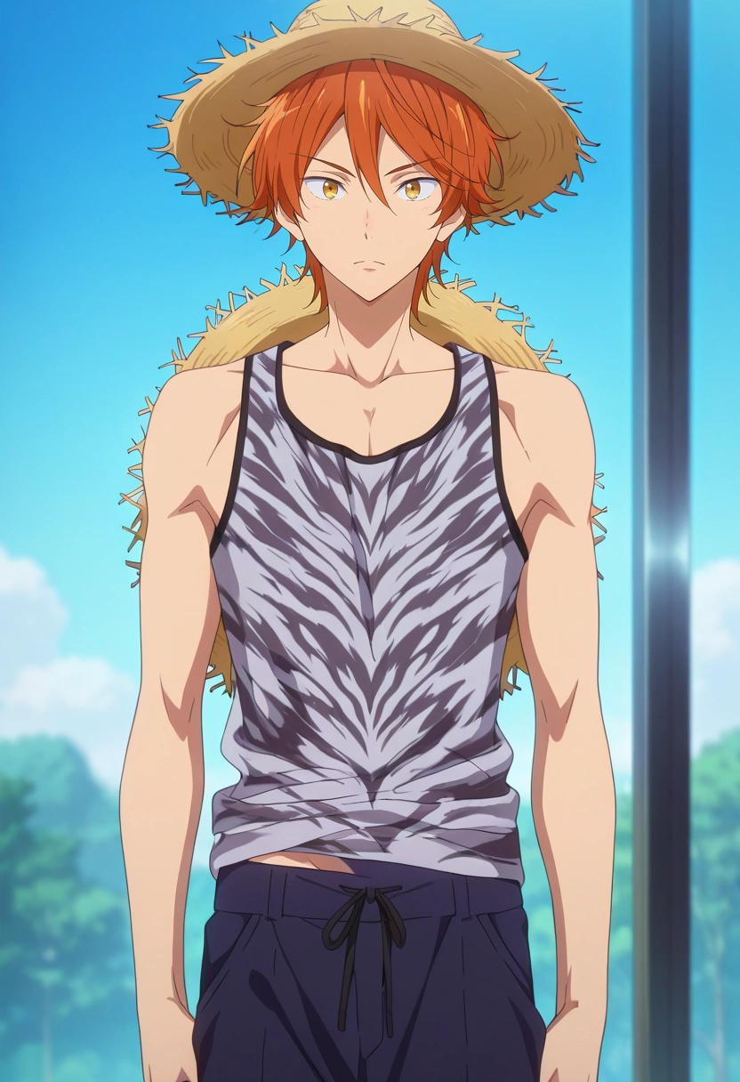 masterpiece, best quality, intricate details, anime screencap, , , looking at viewer, 1boy, solo, male focus, <lora:momotarou_mikoshiba_ilxl:0.9>, momotarou_mikoshiba, orange hair, yellow eyes, , Straight-leg chinos, Satin Gray Animal print Tank top, , Straw hat,