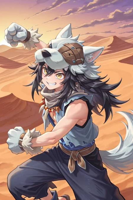 <lora:FlunkyIL:0.8> , fludef, 1boy, black hair, long hair, yellow eyes, wolf hat, wolf hood, wolf pelt, wolf tail, grey scarf, bandana around neck, necklace, tooth necklace, fur trim, blue vest, torn clothes, paw gloves, sandals, cowboy shot, (dynamic pose, action pose), exterior, desert, smile, solo, masterpiece, very aesthetic, absurdres, best quality, amazing quality, high resolution, detailed background, <lora:illustrious_quality_modifiers_masterpieces_v1:0.8> , <lora:ChamIllustriousBackgroundEnhancer:0.5>