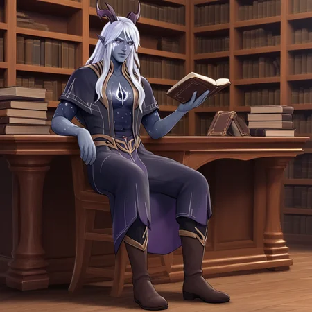 score_9, score_8_up, score_7_up, professional 3d render of aara, long hair, colored skin, grey skin, facial mark, horns, bangs, pointy ears, capelet, chest tattoo, high collar, bare pectorals, belt, skirt, dress, boots, he's sitting on a chair, in an elven palace room, fantasy genre, bookshelves in the  background  <lora:Classic Fantasy:0.25> FANTASY, CLASSICFANTASY,  CLASSICFANTASY ART, <lora:fantasy_world_pony:0.25>  <lora:AaravosPonyLora:1> holding a book