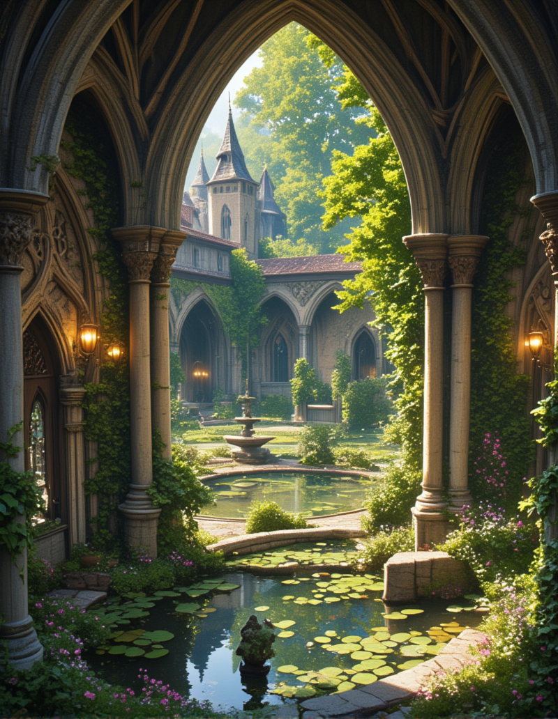 <lora:MW_Minis02flux:1> m1md, medieval, epic, epic details, epic scale, absurdres, outdoors, closeup, arches, medieval square garden, bokeh, noone, pond, vegetation, trees, flowers, fountain, columns, lights, climbing ivy,