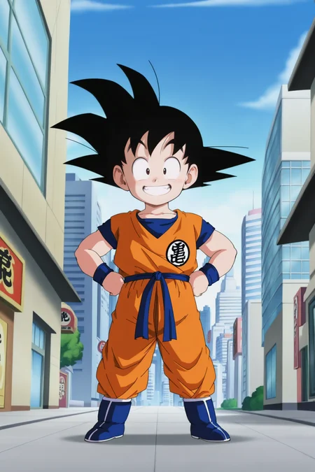 anime screencap, masterpiece, best quality, amazing quality, very aesthetic, absurdres,  newest, official style,
son goku, child, male child, solo, looking at viewer, smile, skyline, black hair, 1boy, city, standing, full body, male focus, boots, grin, black eyes, hand on hip, happy, spiked hair, wristband, hands on hips, blue footwear, dougi, blue sash, blue wristband, clothes writing, blue undershirt, short sleeves, orange pants, orange topwear, print topwear, raised eyebrows, teeth, symbol
 <lora:SonGoku_IL:0.8>