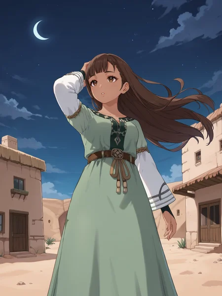score_9, score_8_up, score_7_up, source_anime, BREAK
<lora:age_slider_v4:0>, (detailed eyes, detailed face, beautiful eyes, long eyelashes, thick eyelashes:1.5), (desert town, night time, beautiful night sky:1.5), BREAK
 <lora:Genshin_NPC_NerminRaef_Pony_v1:0.75>, gnermin, brown hair, brown eyes, bangs, (very long hair:1.5), (windy, floating hair:1.5), (dark skin, very dark skin:1.5), (green dress, long dress:1.3), long sleeves, (sleeves past wrists:1.5), wide sleeves, white sleeves, sandals, black footwear, black bridal gauntlets, braid, collarbone, BREAK
(adjusting hair:1.5), arm up, (from below:1), (looking up at night sky:1.8), perspective, parted lips, (thin waist, tight belt:1.5)