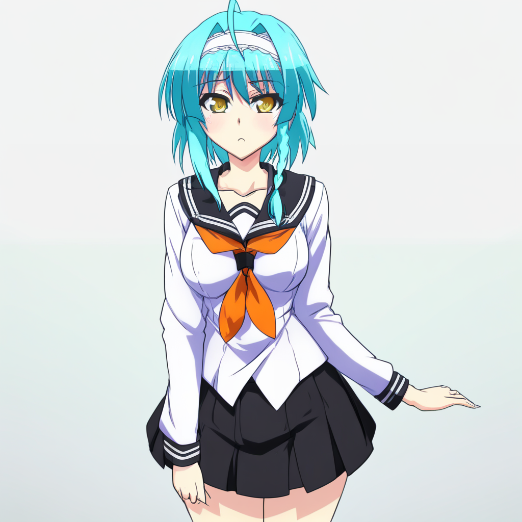 score_9, score_8_up, score_7_up, source_anime, NonakaYuki, 1girl, solo, closed mouth, aqua hair, yellow eyes, medium hair, hairband, side braid, ahoge, YukiSchool, black sailor collar, white shirt, orange neckerchief, black skirt, standing, looking at the viewer, (thigh gap:1.2), cowboy shot, indoors, classroom