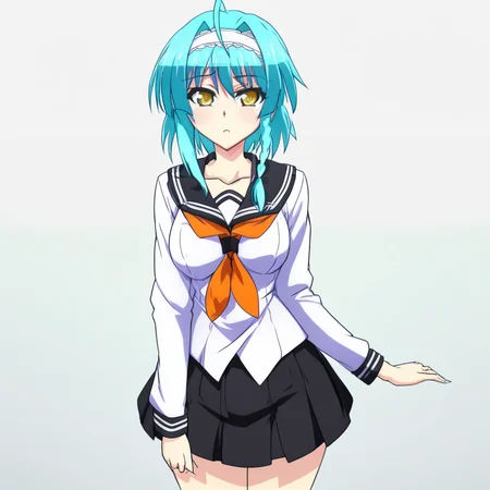 score_9, score_8_up, score_7_up, source_anime, NonakaYuki, 1girl, solo, closed mouth, aqua hair, yellow eyes, medium hair, hairband, side braid, ahoge, YukiSchool, black sailor collar, white shirt, orange neckerchief, black skirt, standing, looking at the viewer, (thigh gap:1.2), cowboy shot, indoors, classroom