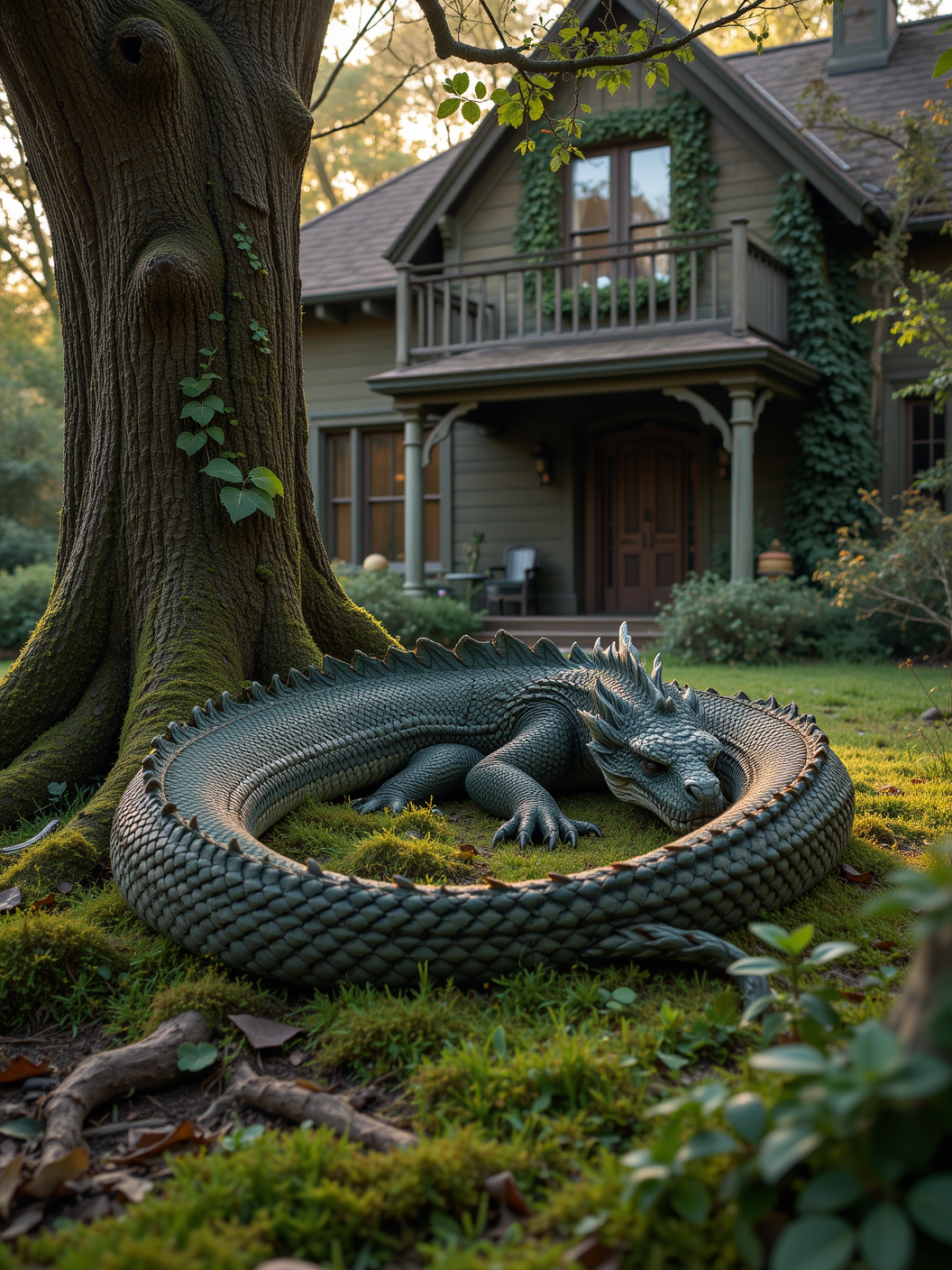 Ancient serpent dragon sleeping in a mystical front yard, moss-covered scales blending with the overgrown grass and roots, body wrapped around a massive tree. The house in the background looks untouched by time, vines creeping up its walls, golden light filtering through the trees. The dragon, ancient and powerful, breathes softly, creating a timeless, enchanted atmosphere.
