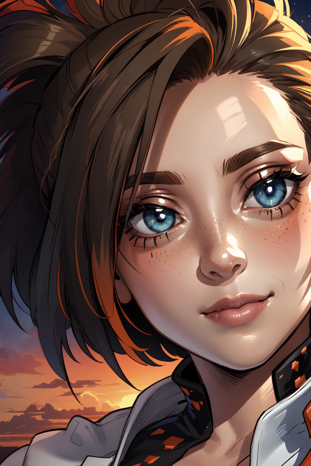1girl, (solo:1.2), (portrait:1.6), (close-up:1.3), (looking at viewer:1.3), (gazing), (frontal), (beautiful detailed eyes:1.5), (subtle smile:1.2), happy, (closed mouth:1.2), (masterpiece:1.3), (best quality:1.3), (perfect anatomy:1.4), highly detailed, (orange sky:1.2), (cowboy scenery:1.2), (sunset:1.4), outside, summer, <lora:Yaoyorozu Momo [h_madoka - v1.0]:0.8> yaoyorozu momo, black hair, ponytail, hair pulled back, black eyes, large breasts, <lora:Akira Raikou [MockAi - v1.0]:0.8> akiraraikou, (film grain:1.3), (speckled highlights:1.3), western artistyle, (exaggerated proprtions:1.2), (shiny skin), detailed shading