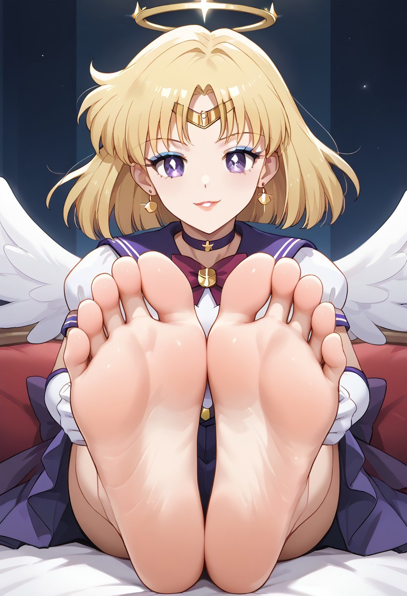 score_9, score_8_up, score_7_up, score_6_up, score_5_up, score_4_up, source_anime, BREAK, (masterpiece:1.4), (best quality:1.2), expressive eyes, perfect face, perfect anatomy, accurate anatomy, perfect feet, perfect soles, 1 girls, feet, soles, toes, foot focus, front view, smile, cute expression, clean feet, sitting, hands on ground, showing feet, barefoot, PONYXL_WaifuFeetPics_ownwaifu, feet, Sailor Saturn, 1girl, blonde hair, bob cut,tiara,earrings,sailor senshi uniform,purple eyes, purple choker, purple sailor collar, red bowtie, white shirt, elbow gloves, white gloves, pleated skirt, purple miniskirt, barefoot, angel wings, halo, glowing halo, (blue eyeshadow), makeup, red lips, lipstick,