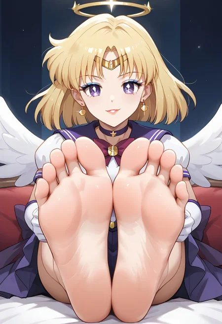 score_9, score_8_up, score_7_up, score_6_up, score_5_up, score_4_up, source_anime, BREAK, (masterpiece:1.4), (best quality:1.2), expressive eyes, perfect face, perfect anatomy, accurate anatomy, perfect feet, perfect soles, 1 girls, feet, soles, toes, foot focus, front view, smile, cute expression, clean feet, sitting, hands on ground, showing feet, barefoot, PONYXL_WaifuFeetPics_ownwaifu, feet, Sailor Saturn, 1girl, blonde hair, bob cut,tiara,earrings,sailor senshi uniform,purple eyes, purple choker, purple sailor collar, red bowtie, white shirt, elbow gloves, white gloves, pleated skirt, purple miniskirt, barefoot, angel wings, halo, glowing halo, (blue eyeshadow), makeup, red lips, lipstick,