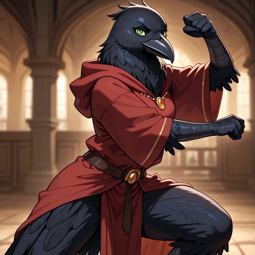 masterpiece, best quality, amazing quality, very aesthetic, solo, dynamic pose, fighting pose,
kenku, anthro bird, anthro crow, plumage,
1 girl, female focus, green eyes, red robe, gold jewelry,
looking at the viewer, posing, 
fantasy background, blurred background
