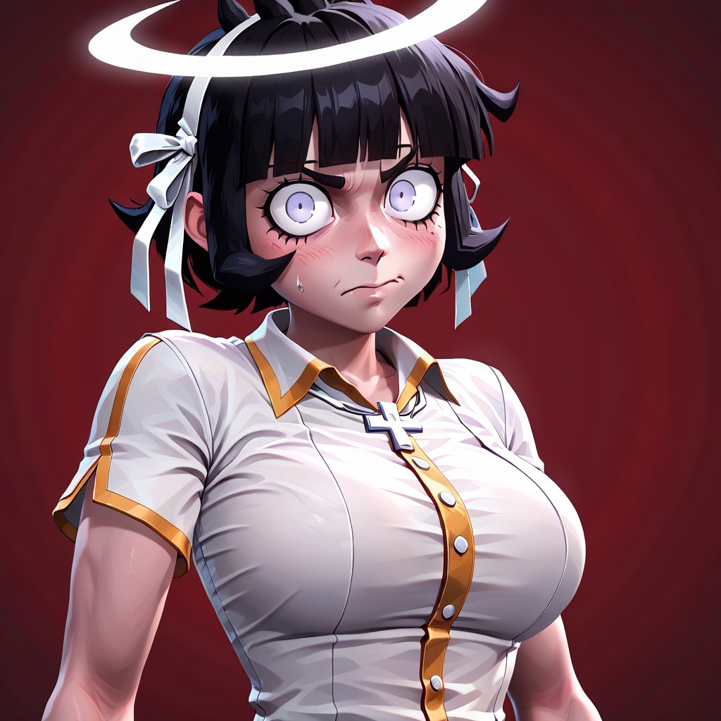 masterpiece, best quality, newest, absurdres, highres,  P3DV1.0, 1girl, azazel (helltaker), short hair, black hair, halo, white shirt,