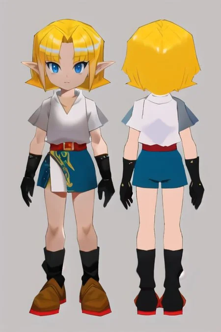 anime, girl, blonde, short hair, short shorts, short white shirt, shoes, gloves, blue eyes, simples, blackground, model sheet, chara-sheet, flat shadows, medieval fantasy, n64style, ocarinaoftime