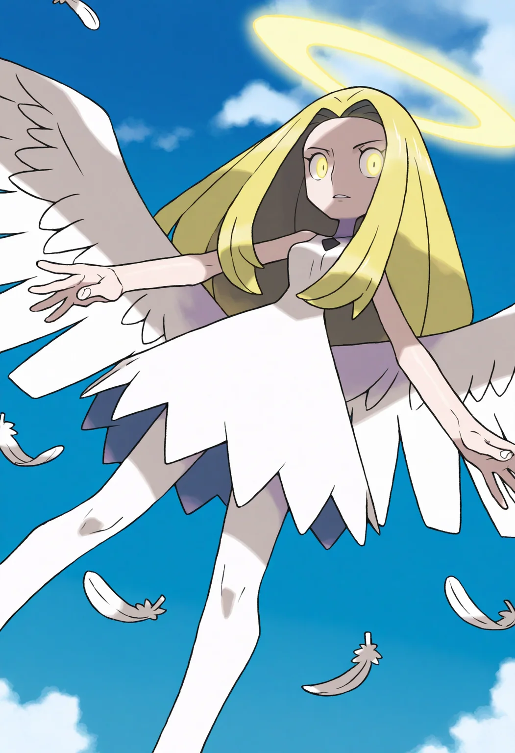 sugimori ken,
best quality, amazing quality, very aesthetic, absurdres,
BREAK
1girl, long hair, blonde hair, white theme, angel wings, white dress, feathers, sky, detailed background, white background, halo, white pantyhose, spread wings, outstretched, blue sky, cloud,
looking at viewer, yellow eyes, glowing eyes, <lora:KenSugimoriNoob_byKonan:1>