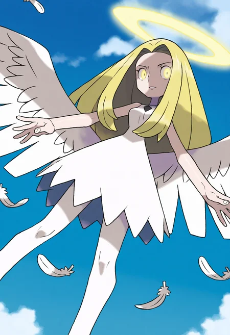 sugimori ken,
best quality, amazing quality, very aesthetic, absurdres,
BREAK
1girl, long hair, blonde hair, white theme, angel wings, white dress, feathers, sky, detailed background, white background, halo, white pantyhose, spread wings, outstretched, blue sky, cloud,
looking at viewer, yellow eyes, glowing eyes, <lora:KenSugimoriNoob_byKonan:1>