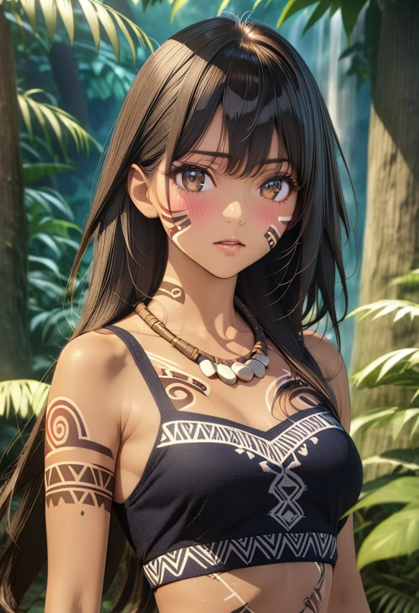gorgeous lips, cinematic, (masterpiece), (best quality), (ultra-detailed), very aesthetic, illustration, perfect composition, intricate details, absurdres, detailed face, (anime, masterpiece, intricate:1.3), (best quality, hires textures, high detail:1.2), cowboy shot
1girl, (brown skin:1.3), tan skin, very long black hair, (messy hair:1.1),brown eyes, perfecteyes, 8k, highest quality, ultra details,( tribal girl:1.2),( tribal paint on body, tribal face paint, tribal tattoos:1.7), beaded necklace, bone necklace, bone bracelet, medium breasts, toned body, jungle, muddy brown deerskin off shoulder cropped top with fur trim,( brown fur loin cloth:1.3), barefoot.,
shy, blush, jungle setting, hair blowing in the wind, skirt blowing in the wind, waterfall,
,focus on girl, hunting in the jungle foliage,
BREAK, Tropical jungle, rainforest, filled with palm trees, ferns, tropical flowers, vines, a dark blue stream, small fish in the stream, crepuscular light comes through the jungle canopy covering the sky, night time