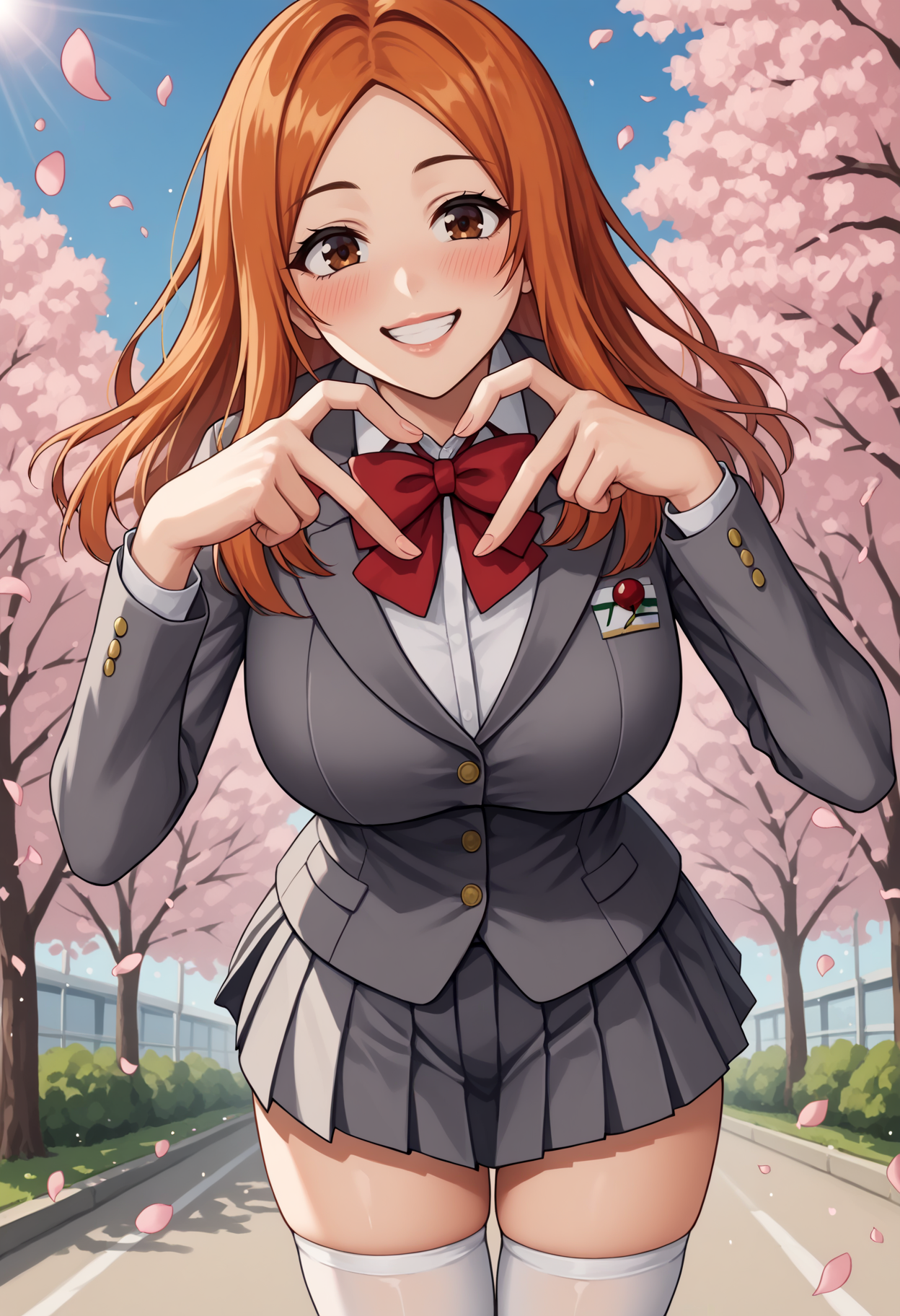 score_9, score_8_up, score_7_up, source_anime BREAK 1girl, cowboy shot, looking looking at viewer,
<lora:OrohimeDwnsty-000008:1>, orohime_school, orange hair, brown eyes, straight hair, parted bangs,  school uniform, grey blazer, collared shirt, red bow, white thighhighs, grey skirt, bowtie, pleated skirt,  
large breasts, smile, skindentation,  raised eyebrows, lips, adjusting clothes, blush, heart hands, heart fingers,  <lora:Heart_Fingers__Concept_Lora:1>, leaning forward, happy, grin, 
outdoors, cherry blossoms, school yard, blue sky, sunlight, falling petals,