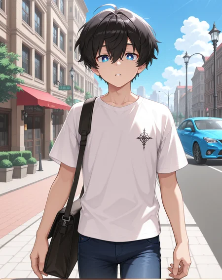 masterpiece,best quality,amazing quality, newest, very aesthetic, absurdres,
1boy, solo, yaoi, male focus, looking at viewer, cowboy shot, standing,
<lora:Noah_Morpheus_ilxl:1> noahmo, black hair, hair between eyes, blue eyes, white pupils,
white shirt, jeans, sneakers,
outdoors, day, blue sky, building, street, road, lamppost, car,