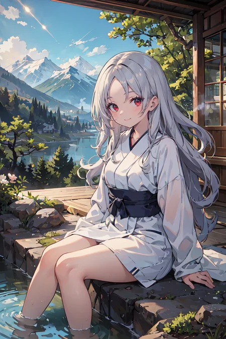 (masterpiece), 1girl, solo, long hair, wavy hair, red eyes, (forehead:1.1), silver hair, medium breasts, towel, smile, looking at viewer, sitting, spring, daytime, solar flares, outdoors, onsen, steam, water, trees, mountains in the distance, atmospheric lighting, depth of field, beautiful scenery, horizon, rocks, stones, sakura tree, close-up, half-closed eyes
