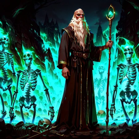 masterpiece, best quality, newest, absurdres, highres, LORstyleIL-V1.0, Necromancer-IL-V1.0, Necromancer-IL-V1.0-Minions, skeletonminions, skeleton, skeletons, 1boy, black robe, old man, old, wrinkles, wrinkly face, beard, long beard, staff, holding staff, holding, holding weapon