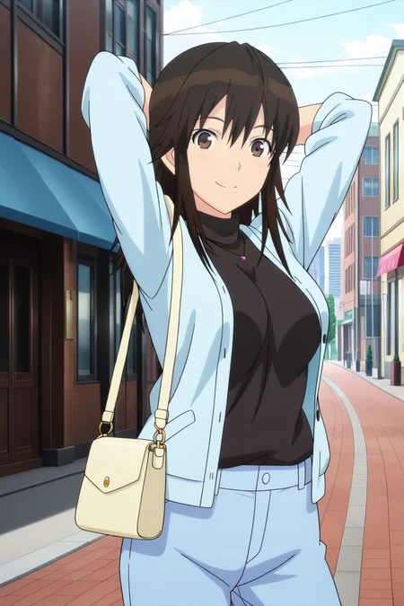 anime screenshot, miyamae tooru, 1girl, solo, black hair, long hair, brown eyes, medium breasts, blue jacket, open jacket, black sweater, turtleneck sweater, long sleeves, blue pants, handbag, looking at viewer, smile, arms behind head, cowboy shot, outdoors, city, street, masterpiece, best quality, high quality, highres, absurdres, <lora:miyamae_tooru_ILXL:0.9>