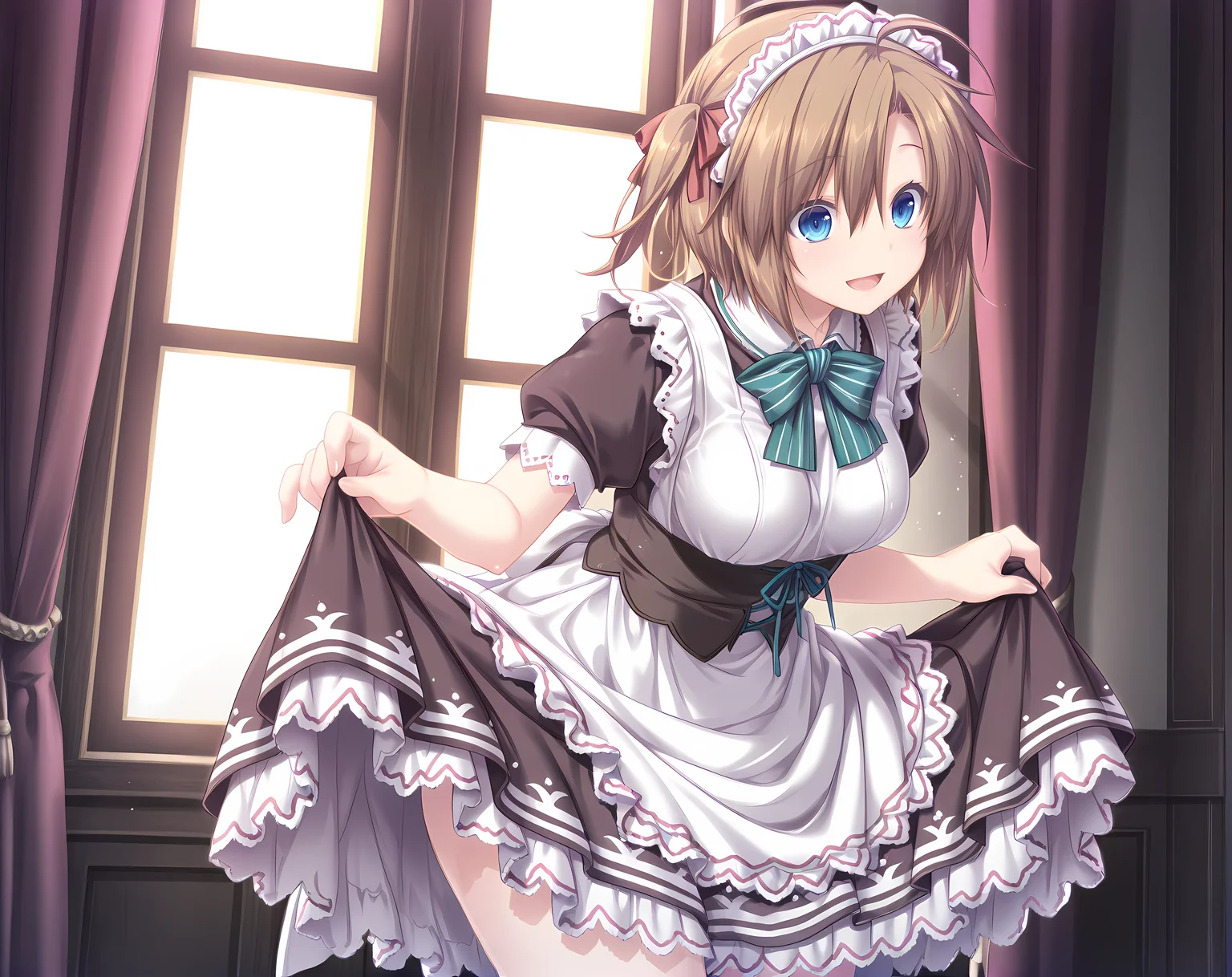 <lora:Shuri_Leyssen:0.8>,solo,shuri,brown hair,medium breasts,short hair,hair ribbon,blue eyes,hair between eyes,ahoge,maid headdress,maid,curtsey,skirt lift,:D,, masterpiece,best quality,amazing quality, very aesthetic, absurdres,detailed eyes,ultra-detailed,