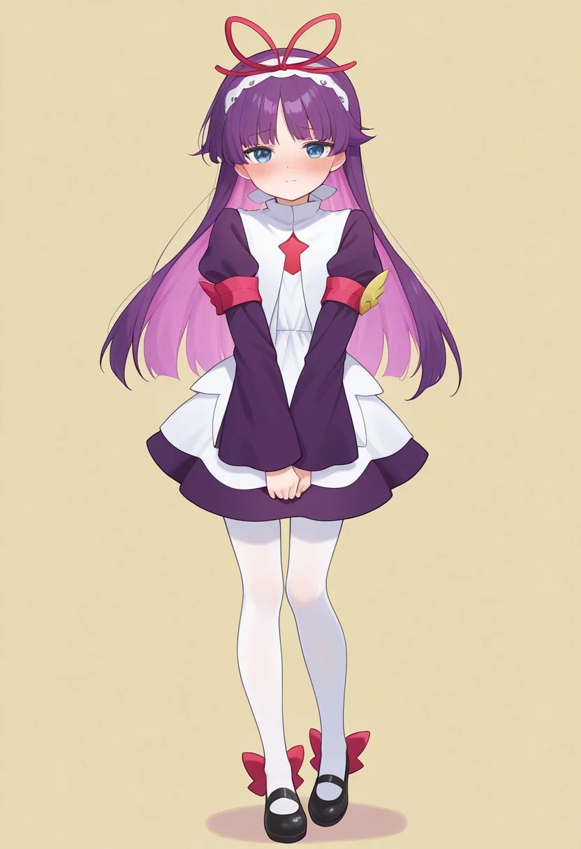 <lora:PFeli_SDXL_Illustrious01_fp16_ver01:1>,PFeli, 1girl, long hair,purple hair, white pantyhose, dress,red ribbon, blue eyes, black footwear, long sleeves, red bow, hairband, shy, blush, standing, lovely, cute, adorable, newest, masterpiece, best quality, very aesthetic, absurdres,<lora:detailed_hands:1>,hand