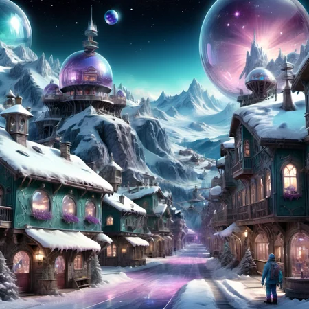 ((best quality)), ((masterpiece)), ((realistic,digital art)), (hyper detailed),DonMC3l3st14l3xpl0r3rsXL Ski Resort Town, magical, fantasy, whimsical, fairytale , 8K, HDR, <lora:DonMC3l3st14l3xpl0r3rsXL-000007:1>