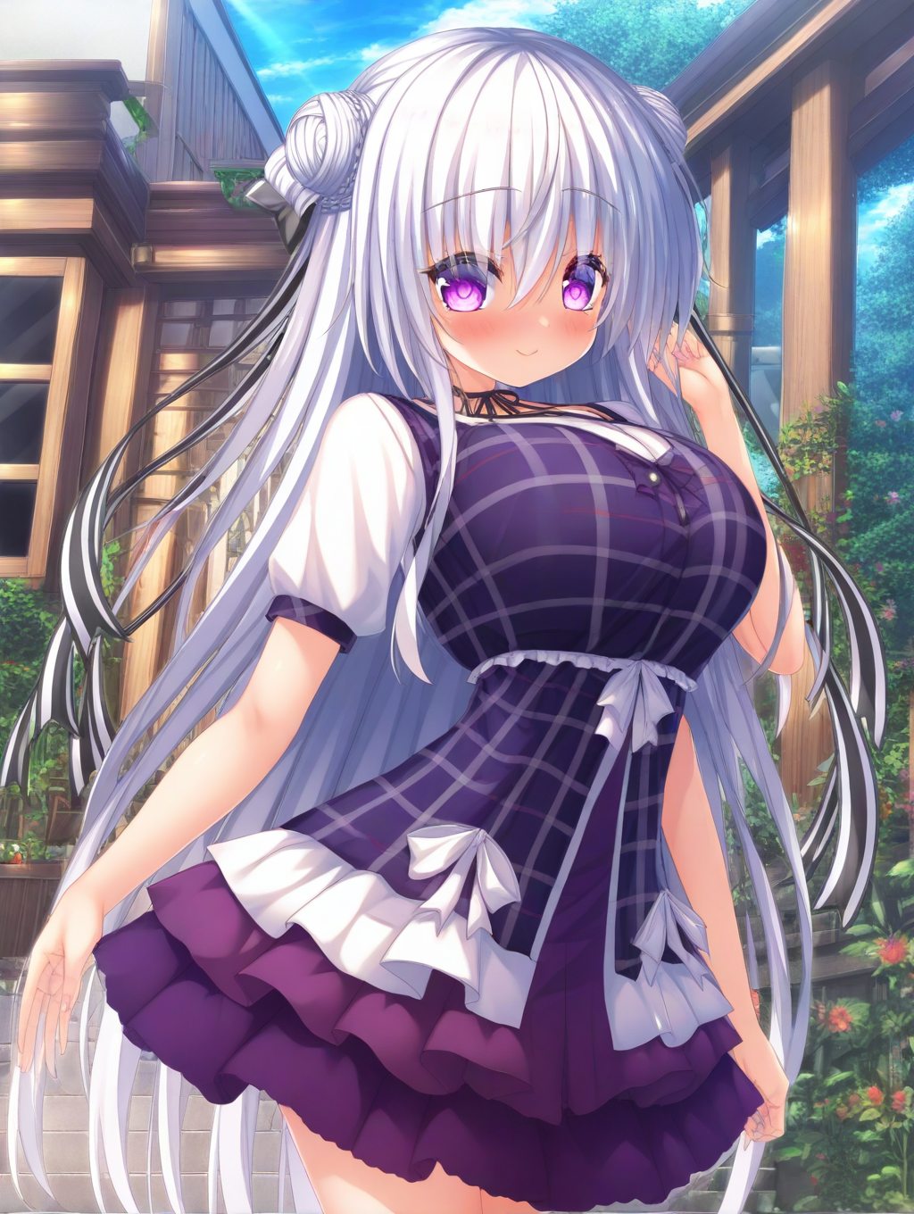 masterpiece,best quality,amazing quality,very aesthetic,absurdres,newest,scenery,<lora:Kiryuuin Kiriha_ilxl_v1-000010:1>,1girl, long hair, purple eyes, solo, hair bun, double bun, breasts, large breasts, ribbon, dress, smile, white hair, looking at viewer, hair ribbon, blush, kiryuuin kiriha