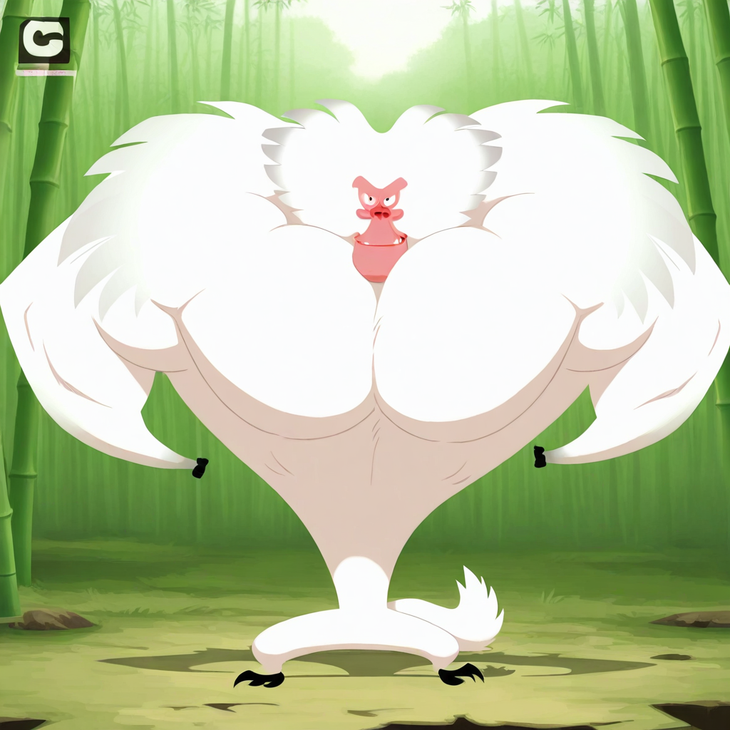 absurdres, masterpiece, 4k, 8k, cinematic lighting, dynamic posing BREAK Baboon, white fur, primate, villain, 1boy, solo, arms down, smile, looking at viewer, pointing at viewer, large muscles, large pectorals, facing front BREAK bamboo forest