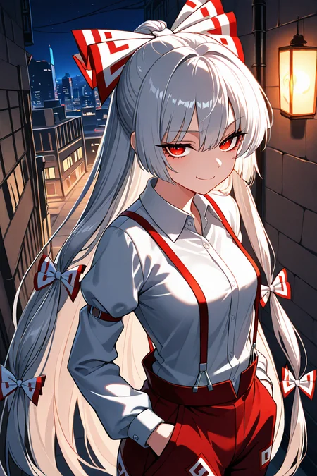 masterpiece, best quality, 1girl, solo, 21 year old model, eyelashes, (beautiful eyes), ,,, <lora:FujiwaraNoMokouTouhouIXL:1.0>, zzMokou, red eyes, hair between eyes, grey hair, hair bow, hair ribbon, long hair, very long hair, white hair bow, suspenders, white shirt, shirt, long sleeves, pants, white bow, red pants, collared shirt,,,, stars, night, luminescent background, city, back alley, smug, hands in pockets, smile, looking at viewer, shiny skin, <lora:princess_xl_v2:0.3>,