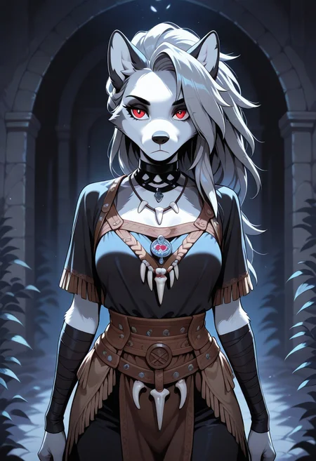 masterpiece, best quality, amazing quality, very aesthetic, flat colors, HVC-Illu, furry, anthro, loona, (Dreadlocks), Witchy silhouettes with lacing, fringe, and wraps, Bone or rune necklaces, FurryDalle, cartoon, toony,
