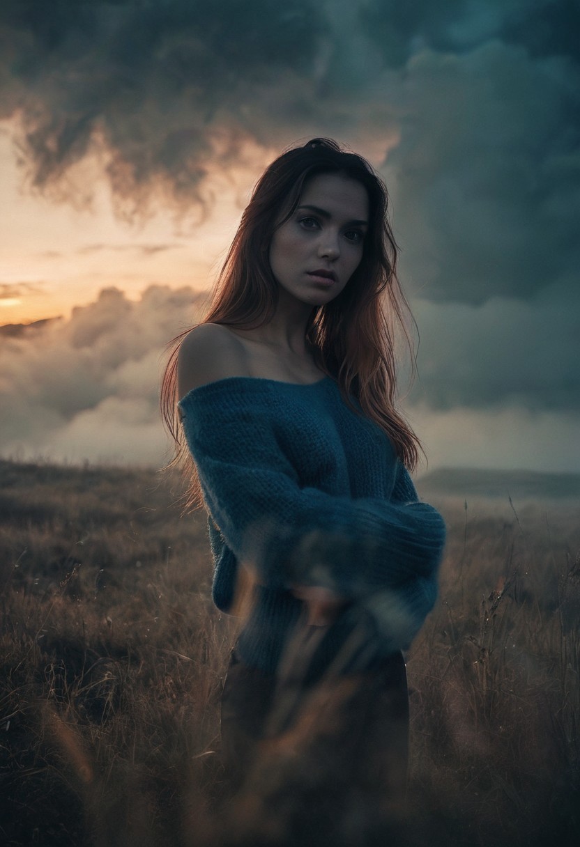 A beautiful woman with long hair, standing on a grassland at dusk, looking into the camera, portrait photography, atmospheric clouds, dim light, dark blue and amber tones, wearing an off-the-shoulder sweater, minimalist style, warm colors, high-definition details, and soft lighting, in the style of [Artist name]. edgy, volumetric fog, mist, (atmospheric, ethereal, bokeh:1.1),