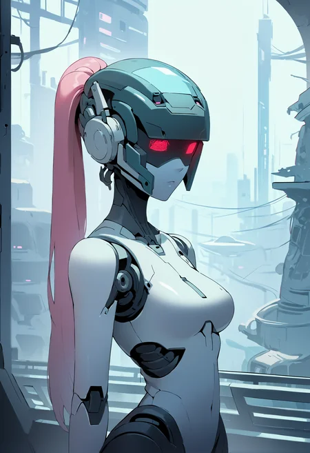 score_9, score_8_up, score_7_up, highly detailed, 1girl, medium breasts, female robot, robot girl, head screen, helmet, long pink ponytail, standing, luminescent futuristic screen, window, futuristic city in the background, screen for head, no face, head display with crt glowing screen, digital eyes,
<lora:scav3ngersV4_epoch_2:1.8>,