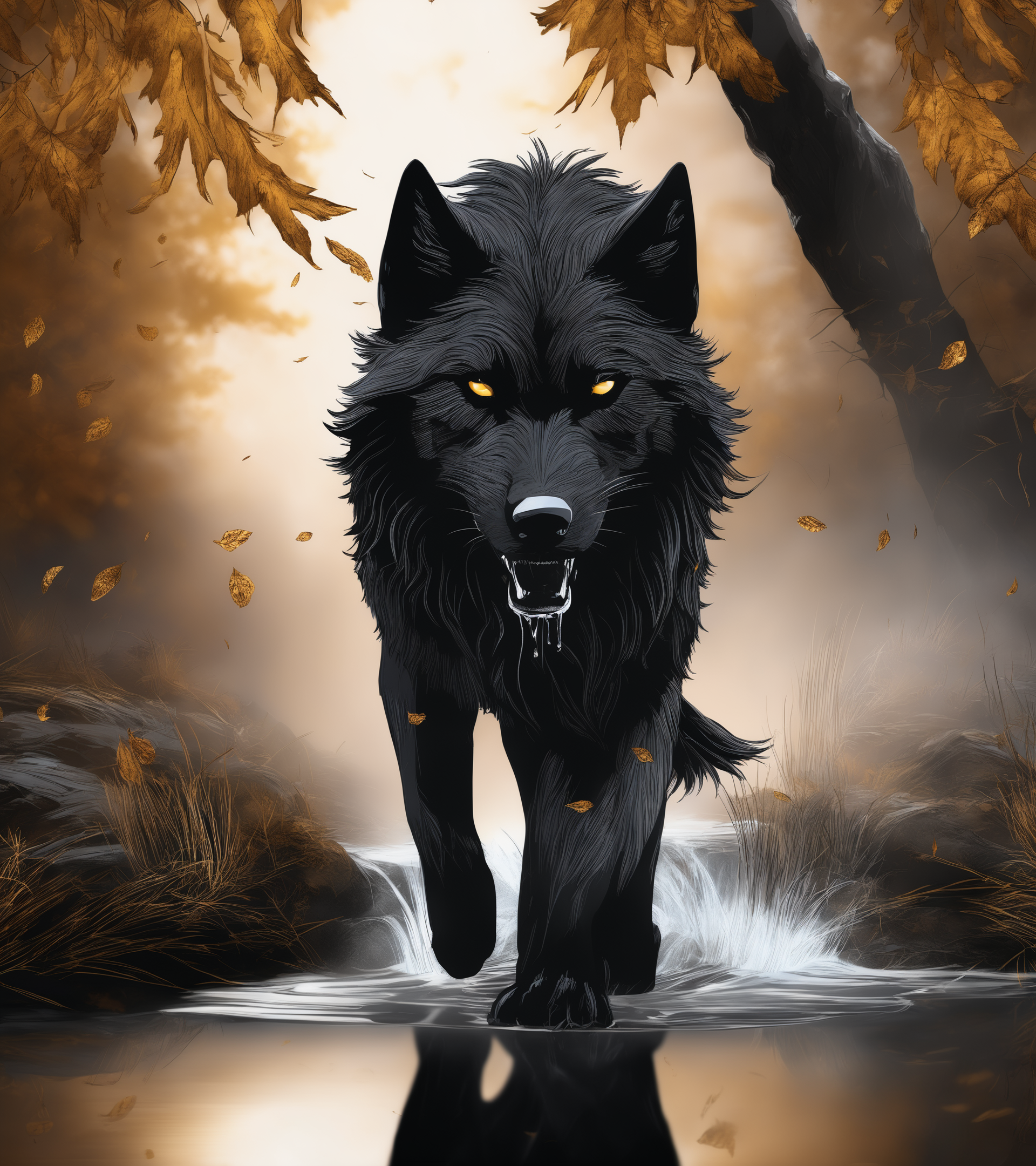 a full-body shot, detailed portrait of Fenrir a darkcoal wolf, front view, long dark fur, gold fur, dark gold theme, dark noir style, perfect symmetrical eyes and iris, golden sclera, (fang teeth:1.1).
He walks relaxed between scattered trees on a withered, grassy steppe in a streamlet. The ground is littered with leaves. At golden hour, autumn, autumn leaves.
Water,  puddle of  water, reflective surface, huge liquid water splash and droplets, volumetric lighting, god rays, ray tracing, lumen, shallow depth of field, sharp focus, high contrast.
There is a misty or smoky atmosphere around the figure, giving the picture a mystical element. The picture is in a monochromatic scheme, mainly with shades of black, white and gray.
(dystopian style,  highly detailed, bleak, post-apocalyptic, somber, dramatic),
8k UHD, RAW photo, HDR, photorealistic, photo realism, long shot