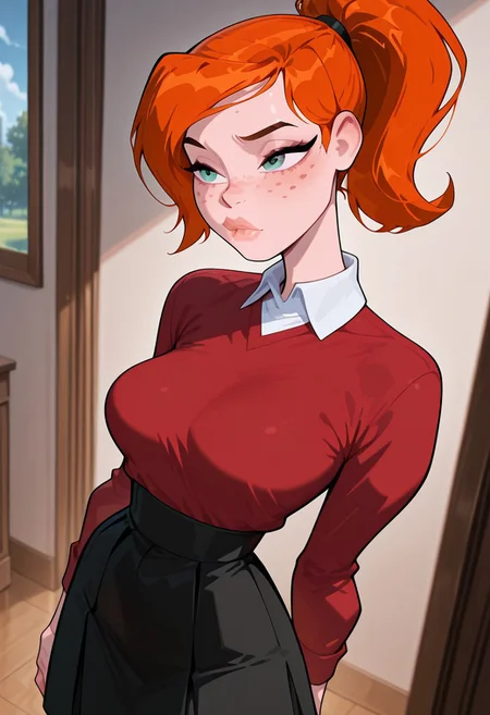 ((screencap, cartoon)) , masterpiece, best quality, amazing quality, very aesthetic, absurdres, newest,
ovgwen, orange hair, 1girl, freckles,, lips
ponytail, red shirt, white collar, black skirt, long sleeves,