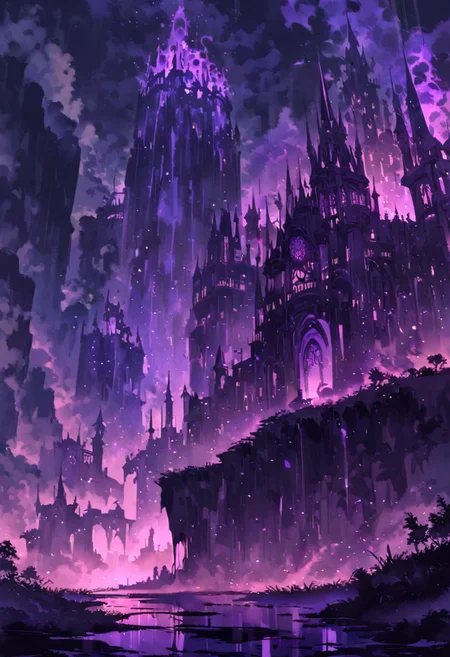 Very wide angle shot, big landscape, serene night, beautiful sky, Complex landscape, grassland, ocean, A haunted hut perched atop a jagged cliff, surrounded by swirling mists and ghostly apparitions. Glowing will-o'-the-wisps lead the way to the castle's entrance, where a hooded figure stands guard. Color temperature: Moody purples and deep blacks. Lighting: Flickering torches casting long shadows. Atmosphere: goth horror. --v 5 --stylize 1000