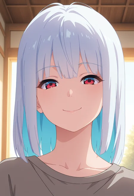 masterpiece, best quality, amazing quality, 1girl, solo, (portrait:1.2), luluww, red eyes, white hair, medium hair, bangs, colored inner hair, grey shirt, looking at viewer, smile, indoors, day, skindentation, detailed clothing folds, depth of field, sharp, dynamic light <lora:Lulu_Bravern_ill_v11:0.9>