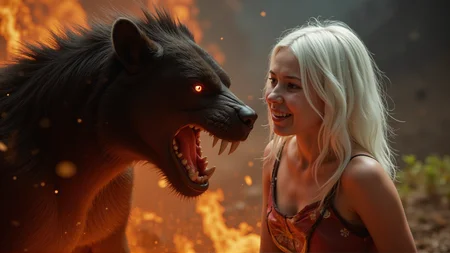 uncensored photo of a beast tamer girl with white hair and white eyes charming a fierce hairy beast with razor sharp fangs while everything around her is on fire and tries to maintain control