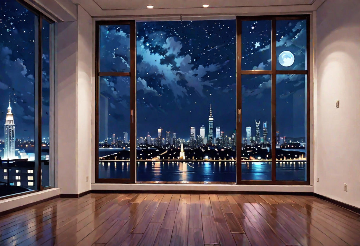 ((((front view)))), Shallow scene, ((animation style)), (((City high-rise building scenery))), ((((City scenery outside the window)))), ((sense of mystery)), (night), starry sky, moonlight, (weak light), (Facing the window), (open window), modern-style interior, Wooden floor, with white walls, (large windows), ((((sofa and coffee table by the window sill)))), carpet, a living room, (((Sofa placed horizontally))), (Behind the sofa is the window sill),