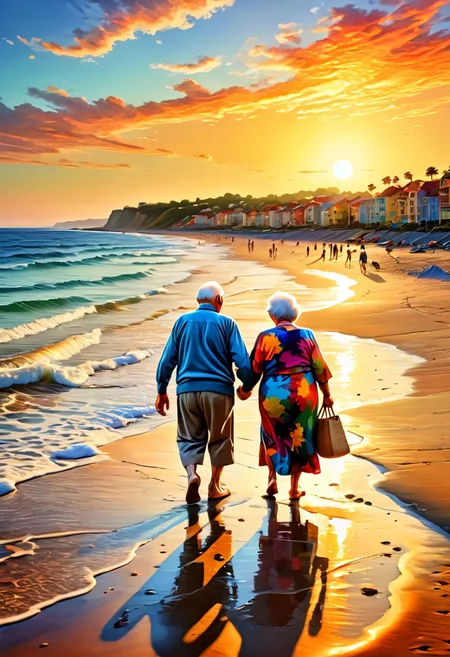 a colored  painting of a grandpa and a grandma walking to the sunset on a beach ,they picture is warm and pleasant like the love of those old peoples, stadium   , (8k, RAW photo, best quality, masterpiece:1.2),best quality, ultra high res,(sharp focus:1.2),DOF, geometric patterns, intricately detailed, perfectly balanced, deep fine edges, artistic photorealism,photorealism, vivid colors,, 8K, UHD, many details, extreme detailed, full of details, BadDream, Jed-Splash,    <lora:ColourfullSplashStyle:0.5>