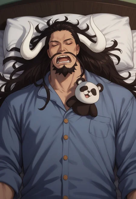 score_9, score_8_up, score_7_up, source_anime, rating_safe, panda stuffed toy, KaidoOP, black_Kaido_facial hair, (white_Kaido_horns), black_Kaido_hair, closed eyes, 1boy, male focus, pajamas, sleepwear, sleeping, open mouth, snoring, blurry indoors, bedsheets, pillow, realistic shading, cute wallpaper,